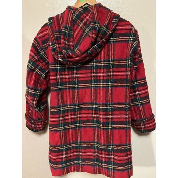 Vintage 90s Eddie Bauer Wool Red Tartan Plaid Long Coat Jacket Toggles Size S - Picture 5 of 16